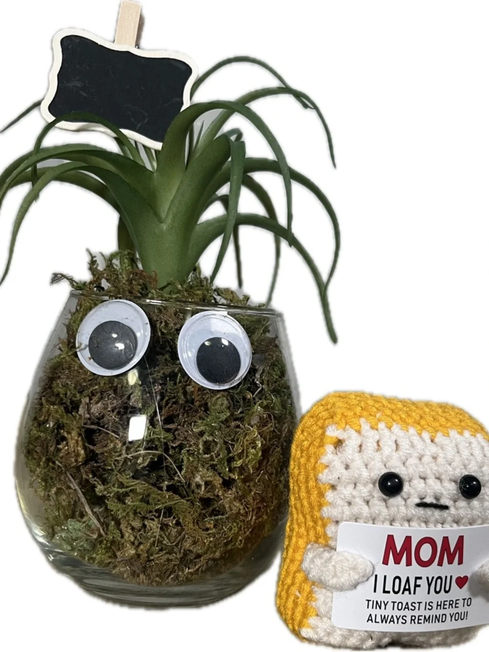 Funny Googly Eye Faux Succulent in Wine Glass •Cute Gift • Desk Decor • Mom Gift